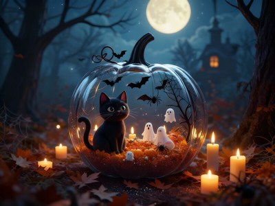 Black cat inside a pumpkin on a spooky night