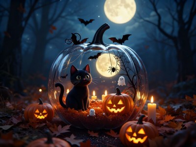 Halloween scene with black cat and carved pumpkins