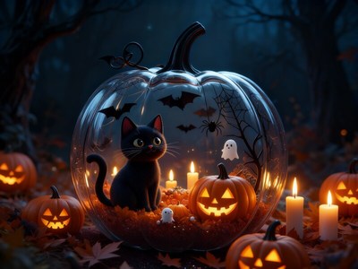Haunted scene: black cat and pumpkins abound