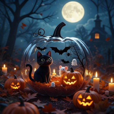 Halloween scene with a black cat, pumpkins, and ghosts