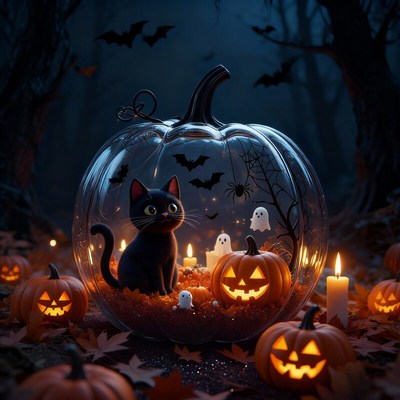 Black cat and glowing pumpkins in halloween scene