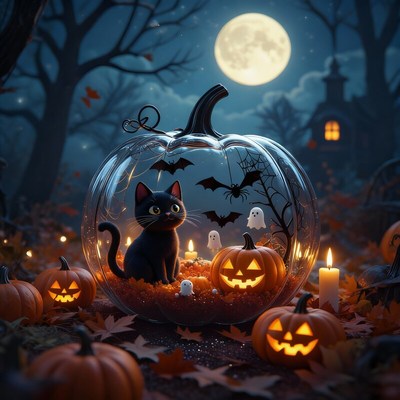 Halloween scene with a black cat and glowing pumpkins