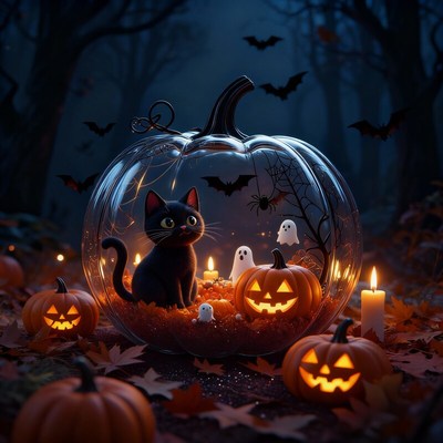 Black cat inside a glowing pumpkin during halloween night