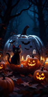 Black cat inside a pumpkin with ghosts in a spooky forest