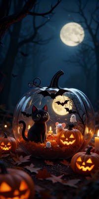 Black cat and pumpkins create a spooky halloween scene