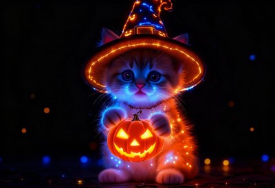 Cute kitten in a witch hat holding a pumpkin