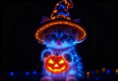 Cute kitten in witch hat with glowing pumpkin