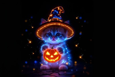 Cute kitten wearing witch hat with glowing pumpkin