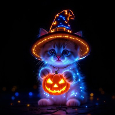 Cute kitten with a pumpkin for halloween celebration