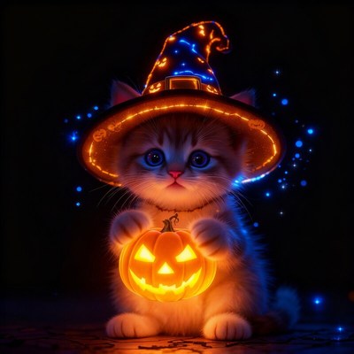 Cute cat in a witch hat holding a pumpkin at halloween