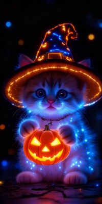 Cute kitten in a wizard hat with a pumpkin at halloween