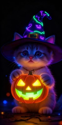 Cute kitten in a witch hat holding a glowing pumpkin