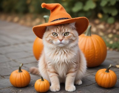 Cat in a witch hat surrounded by pumpkins in fall