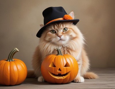 Cat in a hat with pumpkins for halloween celebration