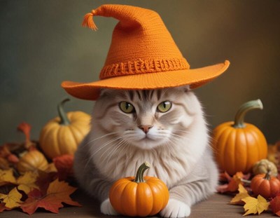 Cute cat in witch hat surrounded by pumpkins and leaves