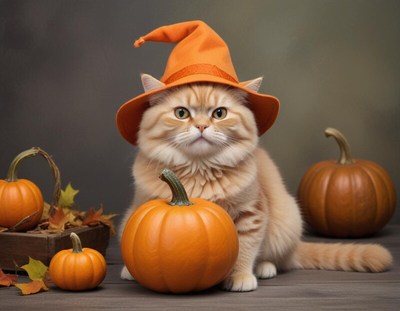 Cat in a witch hat with pumpkins during autumn