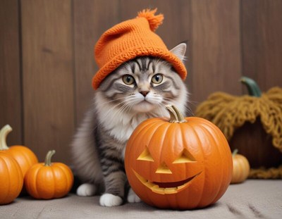 Cute cat with pumpkin and hat during halloween celebration