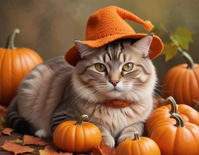 Cat wearing orange hat surrounded by pumpkins in autumn