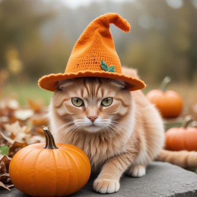 Orange cat wearing a hat with pumpkins in autumn setting
