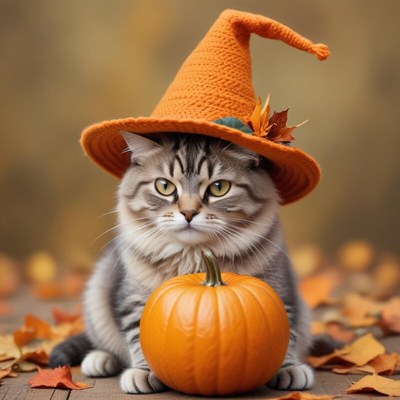 Cat wearing a witch hat sits by a pumpkin