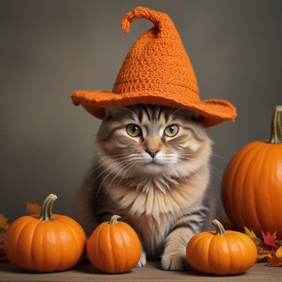 Cat wearing an orange hat with pumpkins in autumn setting