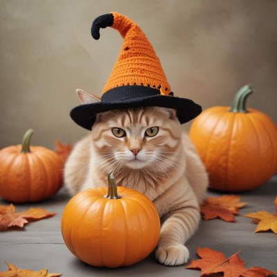 Cute cat in witch hat with pumpkins for halloween
