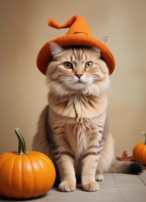 Cat in an orange witch hat with pumpkins for halloween