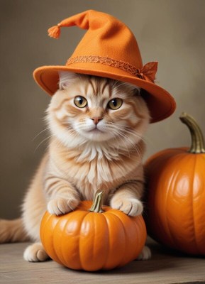 Cute cat in orange hat with pumpkins for halloween