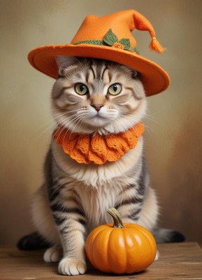 Cat in a witch hat with a pumpkin for halloween fun