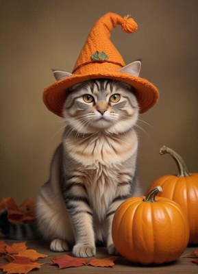 Cute cat with a pumpkin hat during autumn season