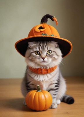 Cute cat wearing a pumpkin hat and collar for halloween