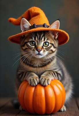 Cute cat wearing a hat and sitting on a pumpkin