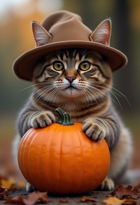 Cat with hat and pumpkin in autumn leaves