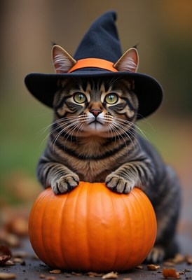Cat wearing a witch hat poses with a pumpkin