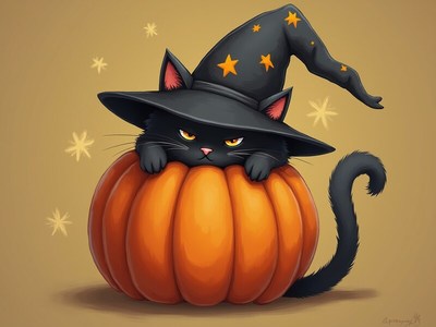 Cute black cat wearing a witch hat on a pumpkin