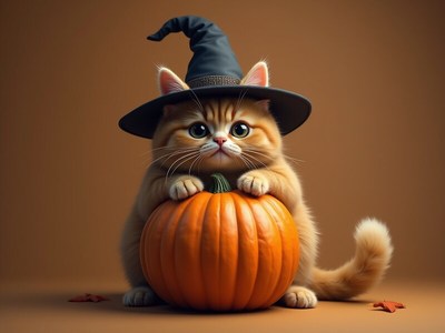 Cute cat in a witch hat with a pumpkin