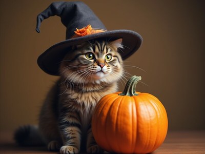 Cat in a witch hat next to a pumpkin for halloween