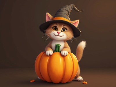 Cute kitten wearing witch hat beside a pumpkin