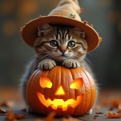 Cute cat with a pumpkin in a halloween setting