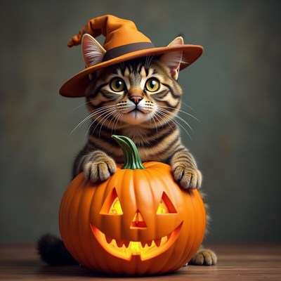 Cat dressed in a hat with a pumpkin for halloween