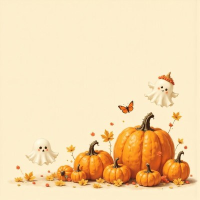 Cute ghosts and pumpkins in autumn setting