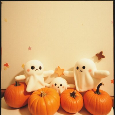 Cute ghosts with pumpkins in festive autumn display