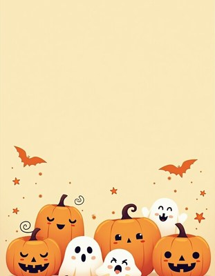 Cute halloween scene with pumpkins and friendly ghosts