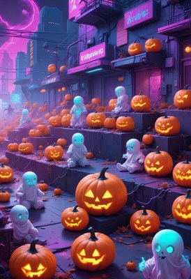 Ghostly figures gather around glowing pumpkins at night