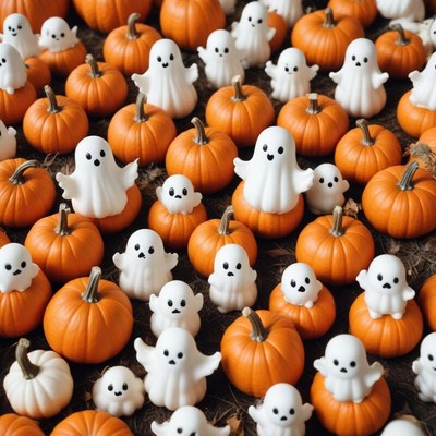 Halloween decorations with pumpkins and ghost figures