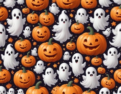Spooky halloween ghosts and pumpkins in playful pattern