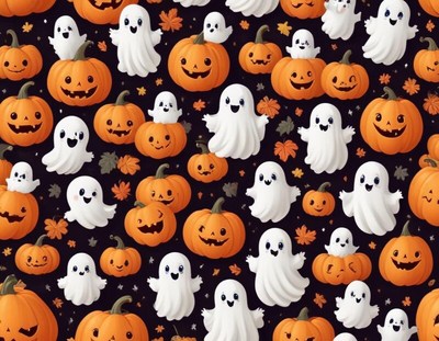 Cute ghosts and pumpkins create a halloween pattern