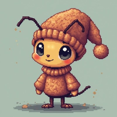 Cute cartoon character in cozy sweater and hat