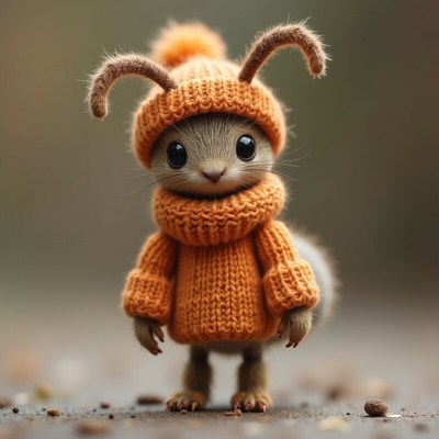 Cute creature wearing a sweater and hat in a forest setting