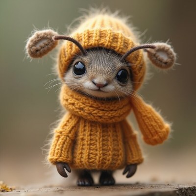 Cute small creature wearing a knitted sweater in autumn